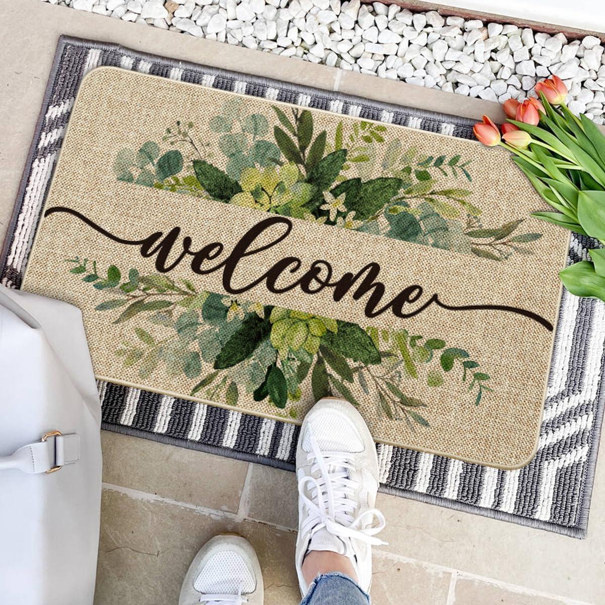 image:imageArtoid Mode Eucalyptus Floral Leaves Welcome Spring Doormat Summer Decor LowProfile Switch Rug Door Mat Floor Mat for Indoor Outdoor 17x29 InchBeige