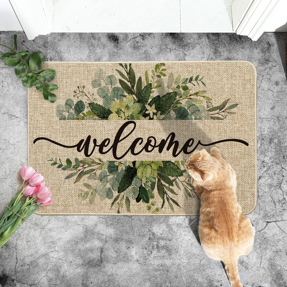 image:imageArtoid Mode Eucalyptus Floral Leaves Welcome Spring Doormat Summer Decor LowProfile Switch Rug Door Mat Floor Mat for Indoor Outdoor 17x29 InchBeige