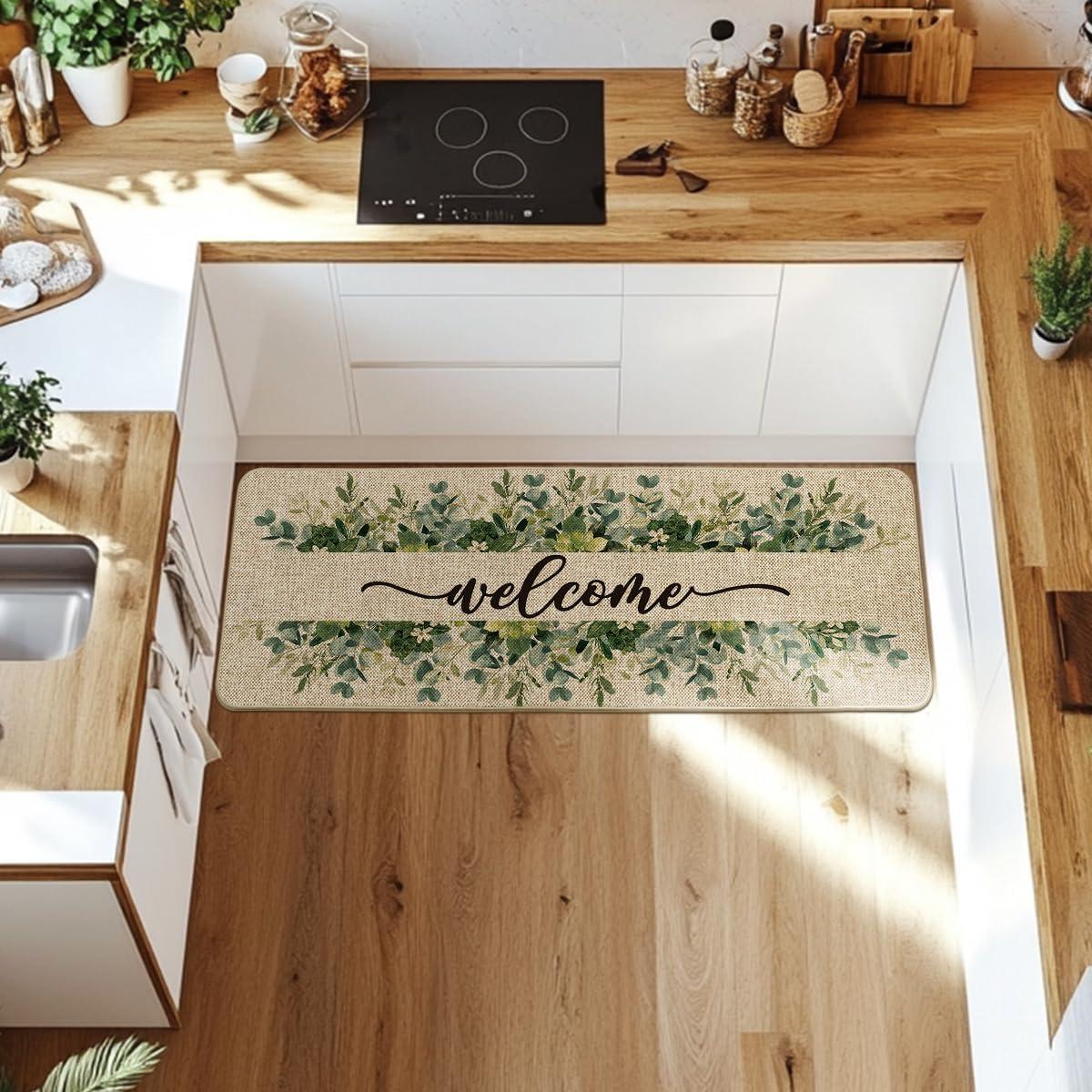 image:imageArtoid Mode Eucalyptus Floral Leaves Welcome Spring Doormat Summer Decor LowProfile Switch Rug Door Mat Floor Mat for Indoor Outdoor 17x29 InchBeige