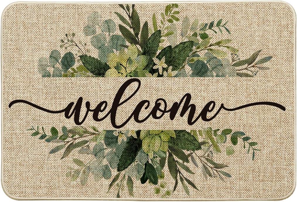 image:imageArtoid Mode Eucalyptus Floral Leaves Welcome Spring Doormat Summer Decor LowProfile Switch Rug Door Mat Floor Mat for Indoor Outdoor 17x29 InchBeige