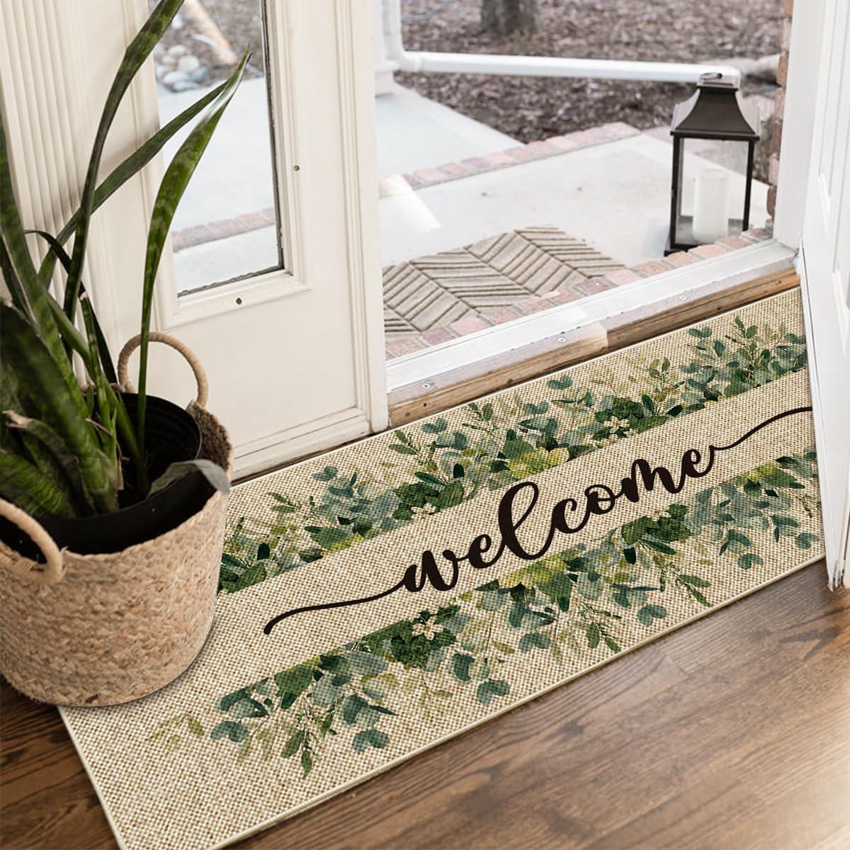 image:imageArtoid Mode Eucalyptus Floral Leaves Welcome Spring Doormat Summer Decor LowProfile Switch Rug Door Mat Floor Mat for Indoor Outdoor 17x29 InchBeige