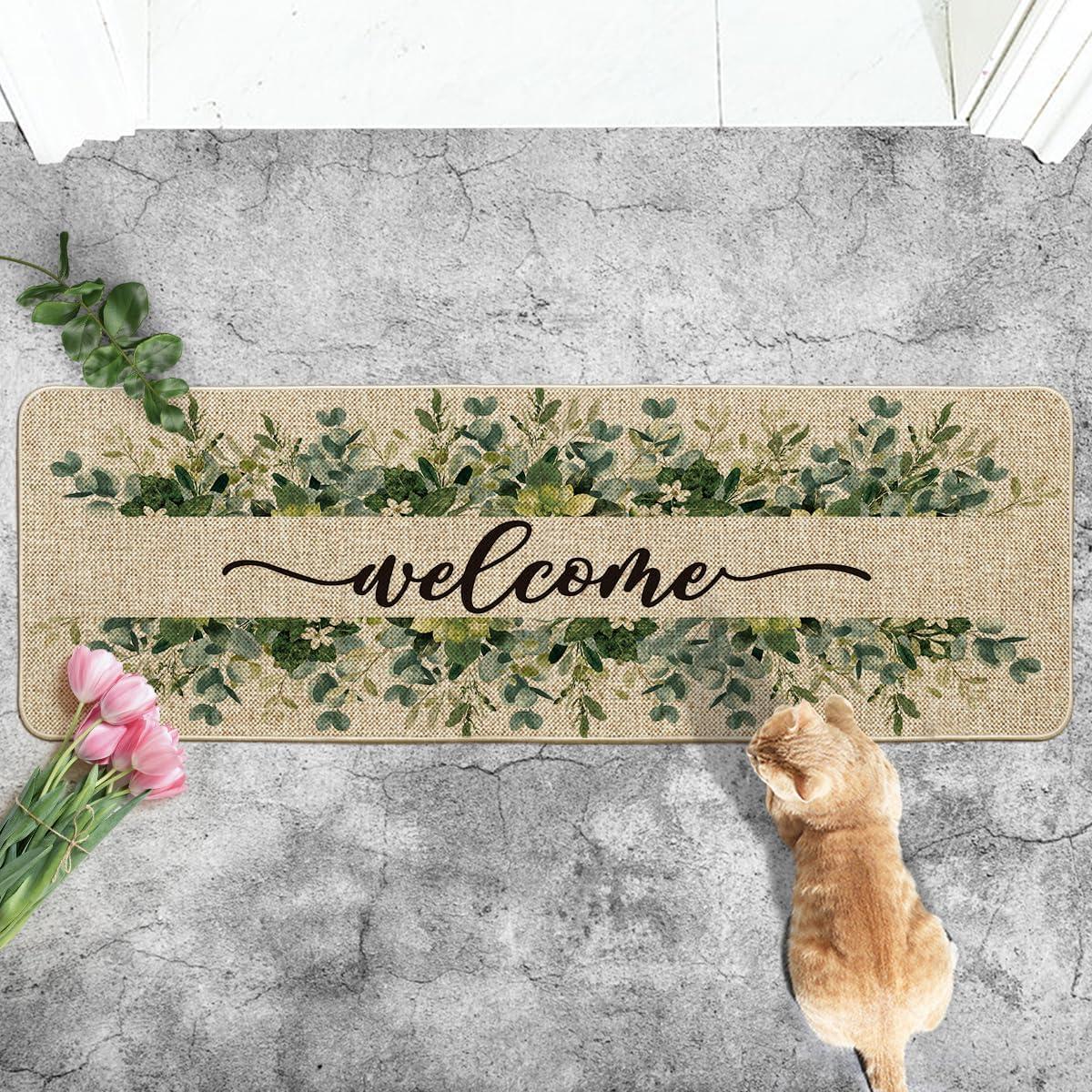 image:imageArtoid Mode Eucalyptus Floral Leaves Welcome Spring Doormat Summer Decor LowProfile Switch Rug Door Mat Floor Mat for Indoor Outdoor 17x29 InchBeige
