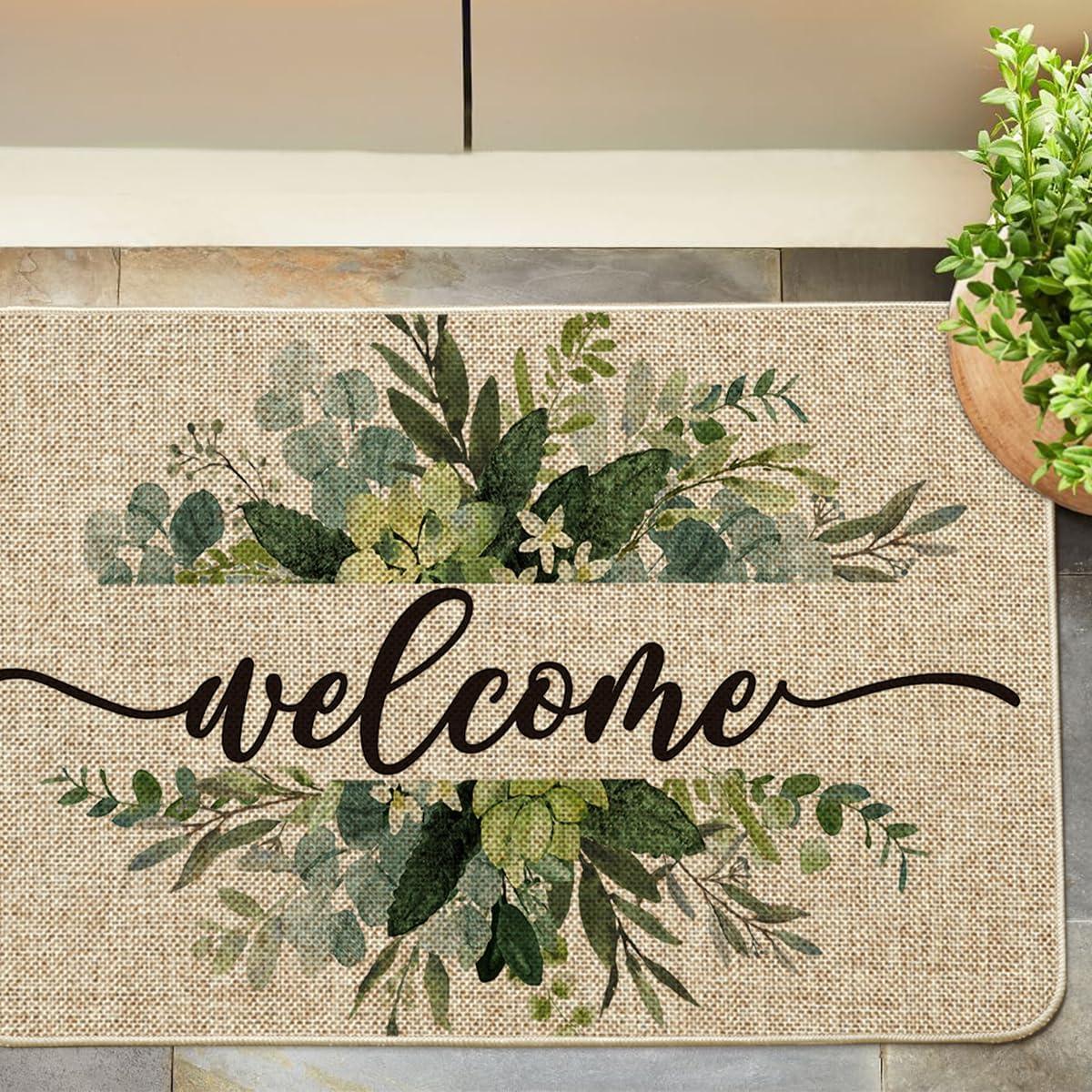 image:imageArtoid Mode Eucalyptus Floral Leaves Welcome Spring Doormat Summer Decor LowProfile Switch Rug Door Mat Floor Mat for Indoor Outdoor 17x29 InchBeige