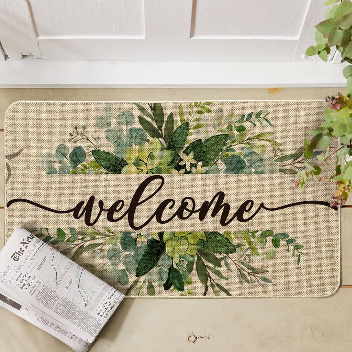image:imageArtoid Mode Eucalyptus Floral Leaves Welcome Spring Doormat Summer Decor LowProfile Switch Rug Door Mat Floor Mat for Indoor Outdoor 17x29 InchBeige