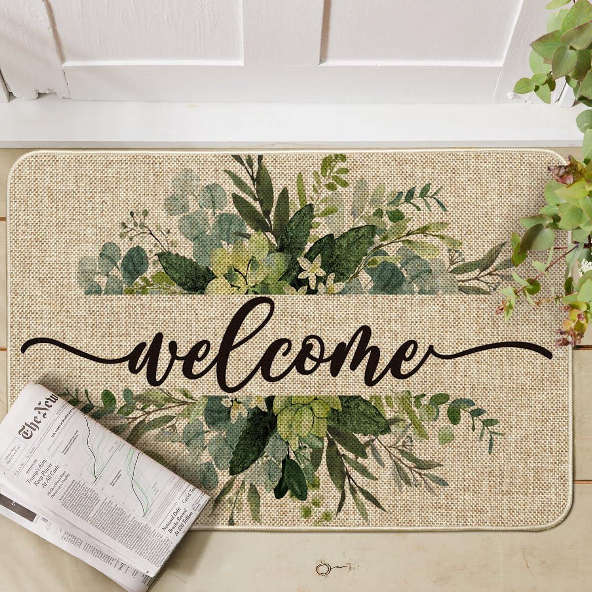 image:imageArtoid Mode Eucalyptus Floral Leaves Welcome Spring Doormat Summer Decor LowProfile Switch Rug Door Mat Floor Mat for Indoor Outdoor 17x29 InchBeige