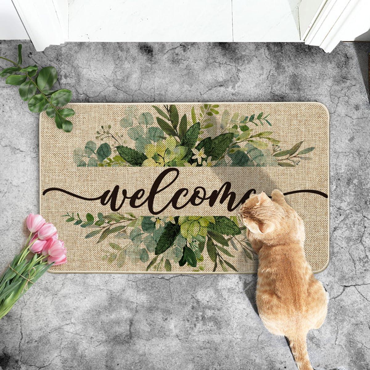 image:imageArtoid Mode Eucalyptus Floral Leaves Welcome Spring Doormat Summer Decor LowProfile Switch Rug Door Mat Floor Mat for Indoor Outdoor 17x29 InchBeige