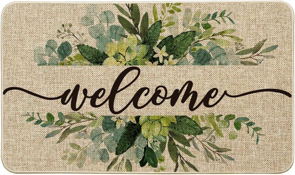 image:imageArtoid Mode Eucalyptus Floral Leaves Welcome Spring Doormat Summer Decor LowProfile Switch Rug Door Mat Floor Mat for Indoor Outdoor 17x29 InchBeige