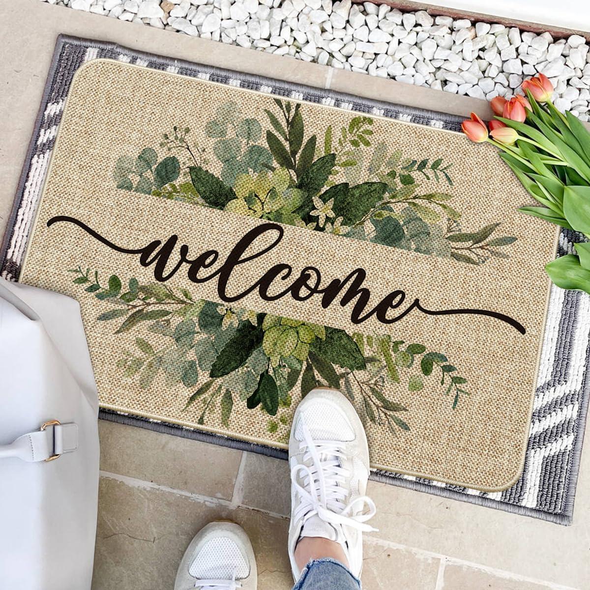 image:imageArtoid Mode Eucalyptus Floral Leaves Welcome Spring Doormat Summer Decor LowProfile Switch Rug Door Mat Floor Mat for Indoor Outdoor 17x29 InchBeige
