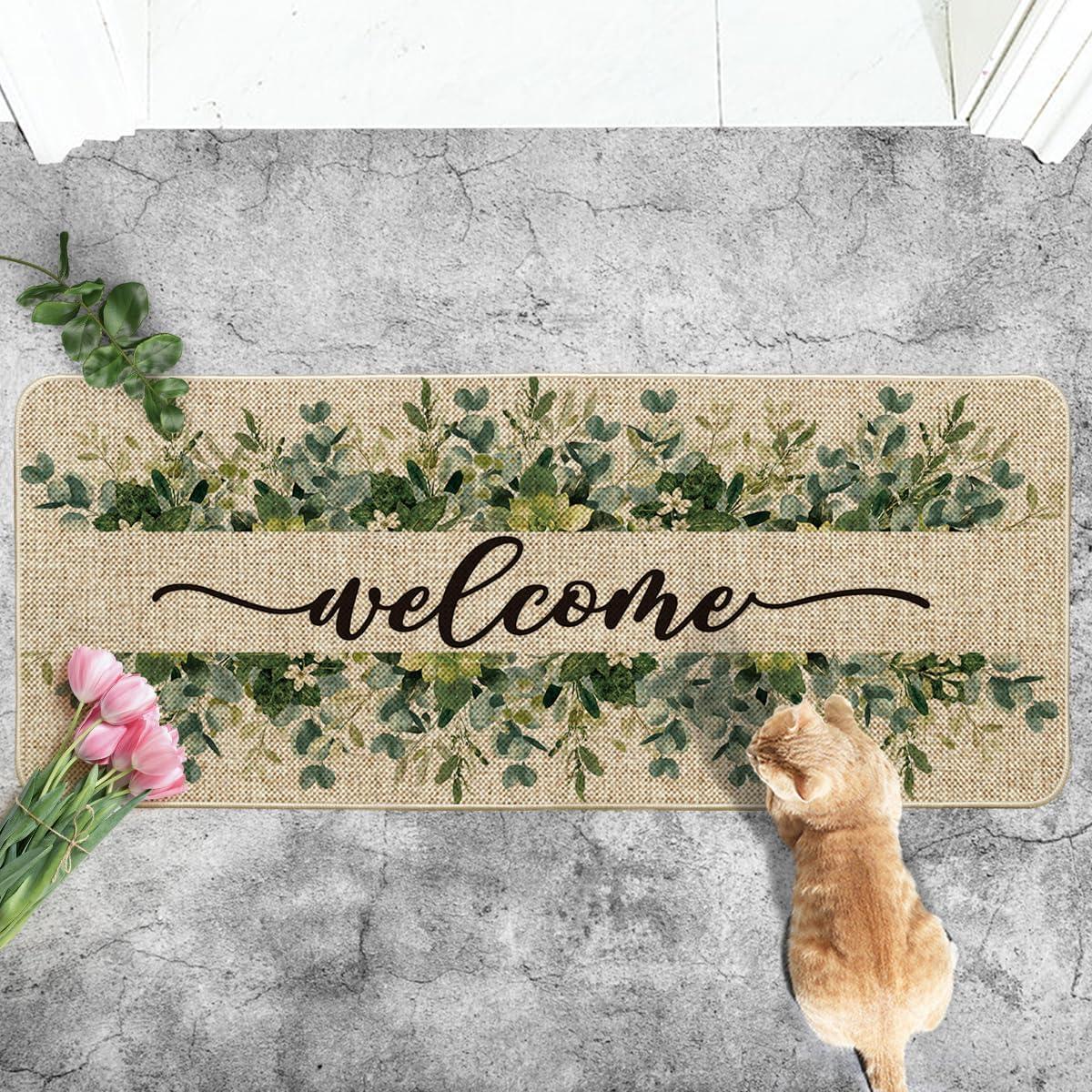 image:imageArtoid Mode Eucalyptus Floral Leaves Welcome Spring Doormat Summer Decor LowProfile Switch Rug Door Mat Floor Mat for Indoor Outdoor 17x29 InchBeige