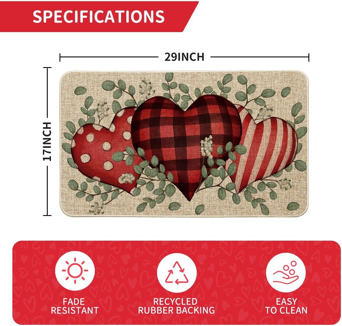 image:imageArtoid Mode Eucalyptus Love Hearts Valentines Day Doormat Wedding Home Decor LowProfile Rug Switch Mat for Indoor Outdoor 17x29 InchRed