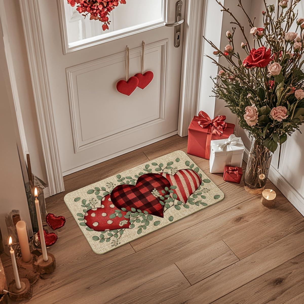 image:imageArtoid Mode Eucalyptus Love Hearts Valentines Day Doormat Wedding Home Decor LowProfile Rug Switch Mat for Indoor Outdoor 17x29 InchRed