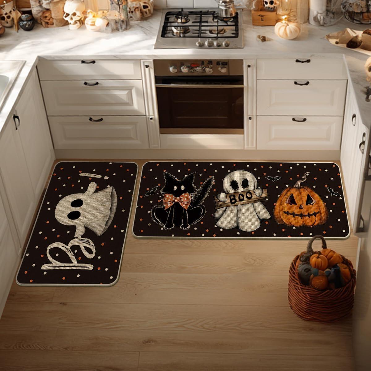 image:imageArtoid Mode Ghost Pumpkin Cat Boo Halloween Kitchen Mats Set of 2 Black Home Decor LowProfile Kitchen Rugs for Floor 17x29 and 17x47 InchBlack