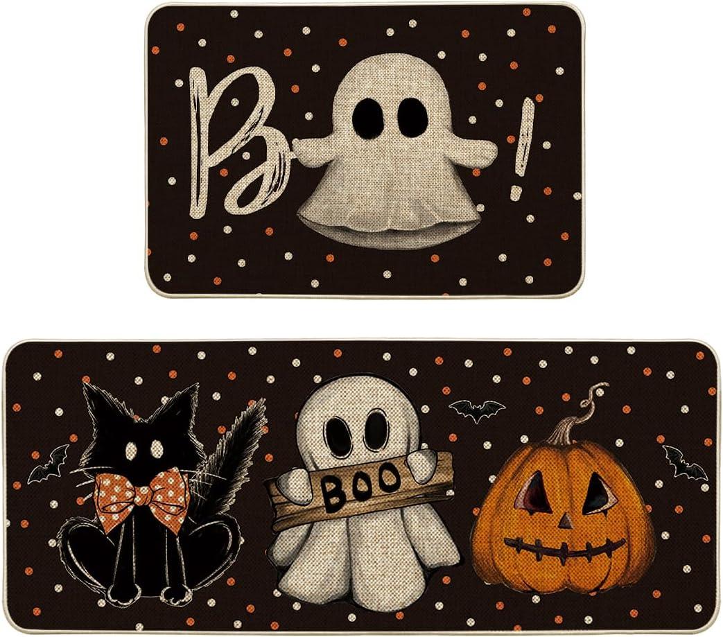 image:imageArtoid Mode Ghost Pumpkin Cat Boo Halloween Kitchen Mats Set of 2 Black Home Decor LowProfile Kitchen Rugs for Floor 17x29 and 17x47 InchBlack