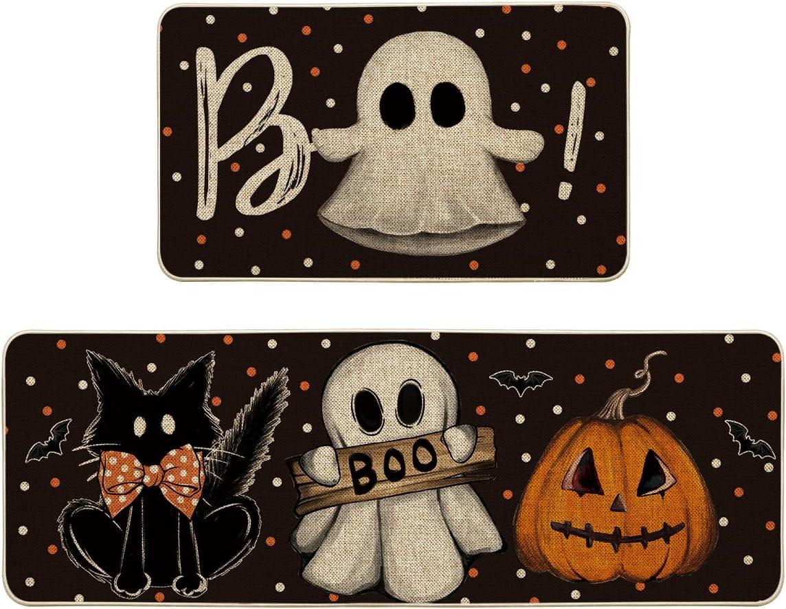 image:imageArtoid Mode Ghost Pumpkin Cat Boo Halloween Kitchen Mats Set of 2 Black Home Decor LowProfile Kitchen Rugs for Floor 17x29 and 17x47 InchBlack