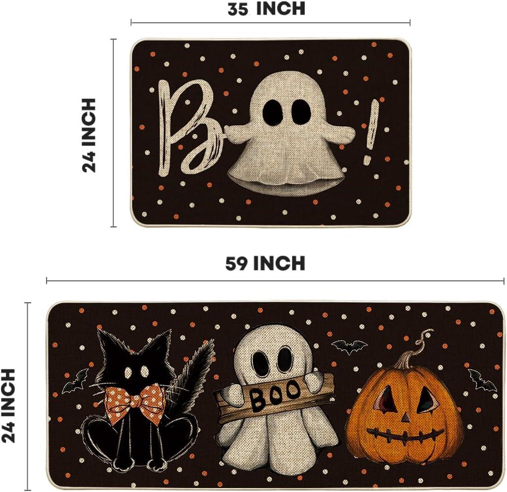 image:imageArtoid Mode Ghost Pumpkin Cat Boo Halloween Kitchen Mats Set of 2 Black Home Decor LowProfile Kitchen Rugs for Floor 17x29 and 17x47 InchBlack
