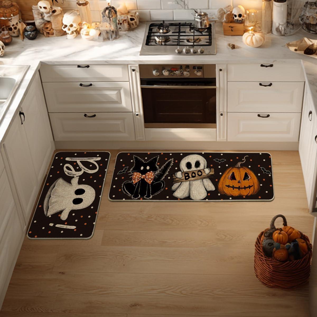 image:imageArtoid Mode Ghost Pumpkin Cat Boo Halloween Kitchen Mats Set of 2 Black Home Decor LowProfile Kitchen Rugs for Floor 17x29 and 17x47 InchBlack