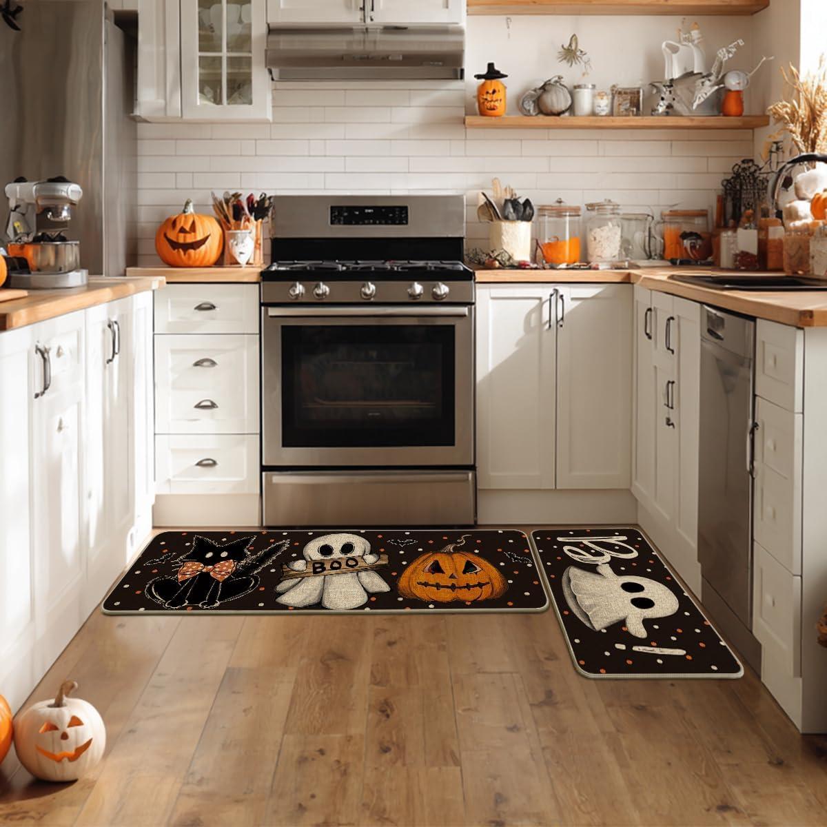 image:imageArtoid Mode Ghost Pumpkin Cat Boo Halloween Kitchen Mats Set of 2 Black Home Decor LowProfile Kitchen Rugs for Floor 17x29 and 17x47 InchBlack
