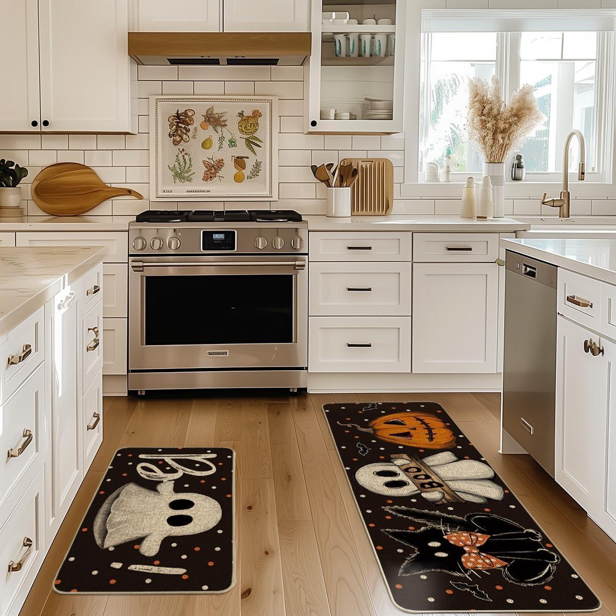 image:imageArtoid Mode Ghost Pumpkin Cat Boo Halloween Kitchen Mats Set of 2 Black Home Decor LowProfile Kitchen Rugs for Floor 17x29 and 17x47 InchBlack