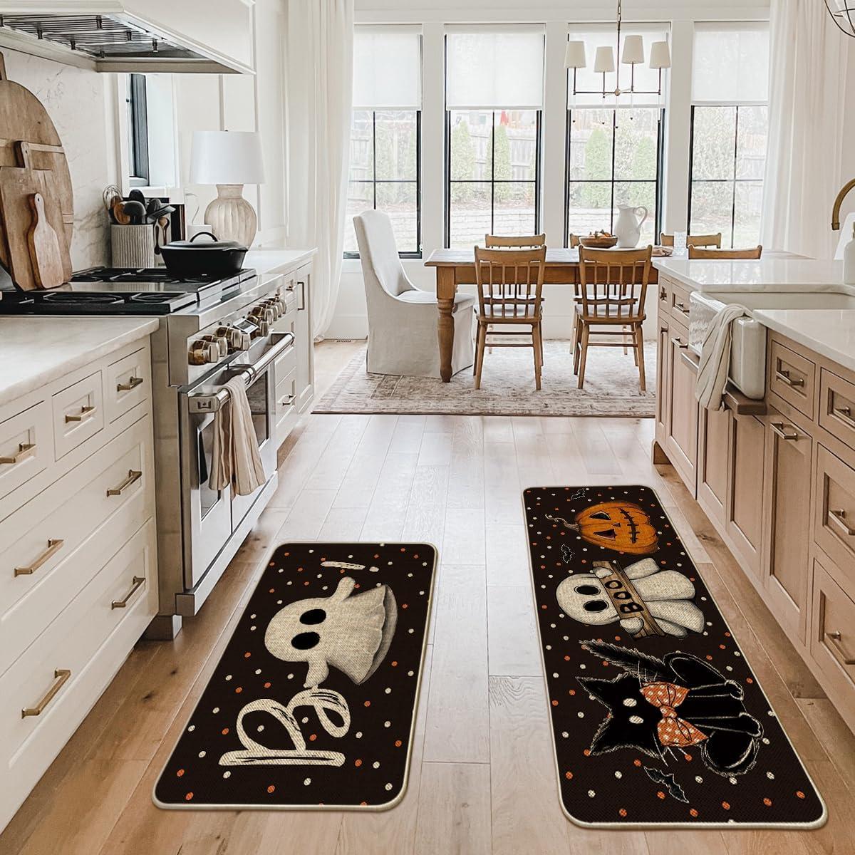image:imageArtoid Mode Ghost Pumpkin Cat Boo Halloween Kitchen Mats Set of 2 Black Home Decor LowProfile Kitchen Rugs for Floor 17x29 and 17x47 InchBlack