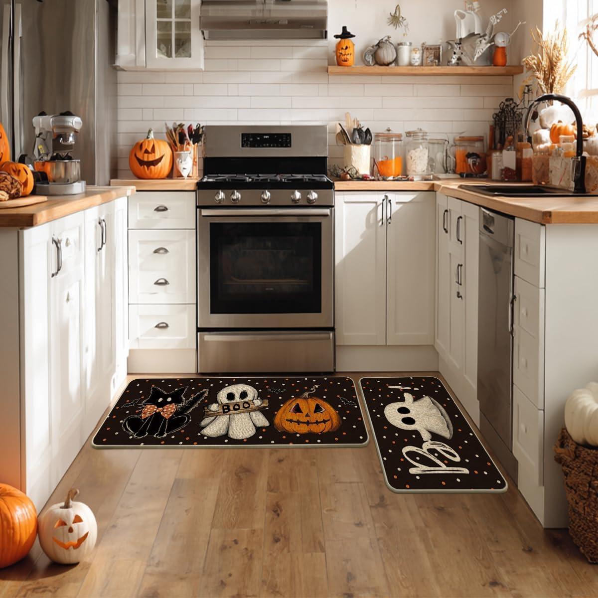 image:imageArtoid Mode Ghost Pumpkin Cat Boo Halloween Kitchen Mats Set of 2 Black Home Decor LowProfile Kitchen Rugs for Floor 17x29 and 17x47 InchBlack