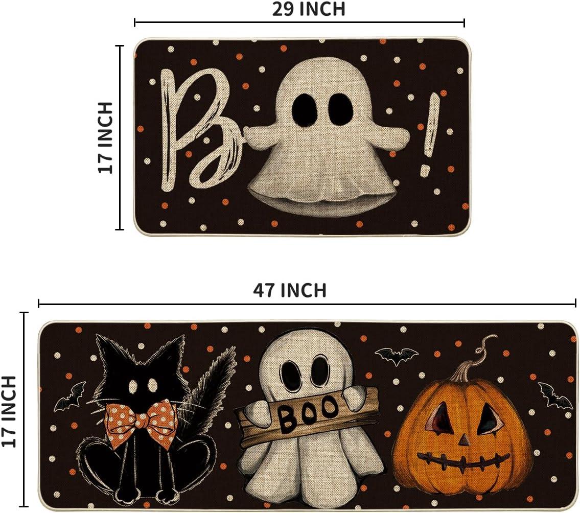 image:imageArtoid Mode Ghost Pumpkin Cat Boo Halloween Kitchen Mats Set of 2 Black Home Decor LowProfile Kitchen Rugs for Floor 17x29 and 17x47 InchBlack