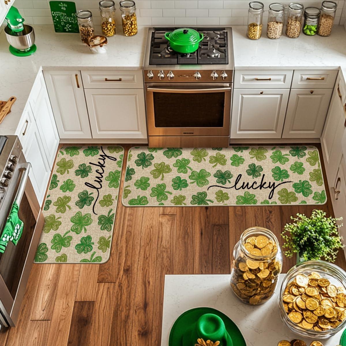 image:imageArtoid Mode Green Lucky Shamrocks Clover St Patricks Day Kitchen Mats Set of 2 Home Decor LowProfile Kitchen Rugs for Floor 17x29 and 17x47 InchBeige