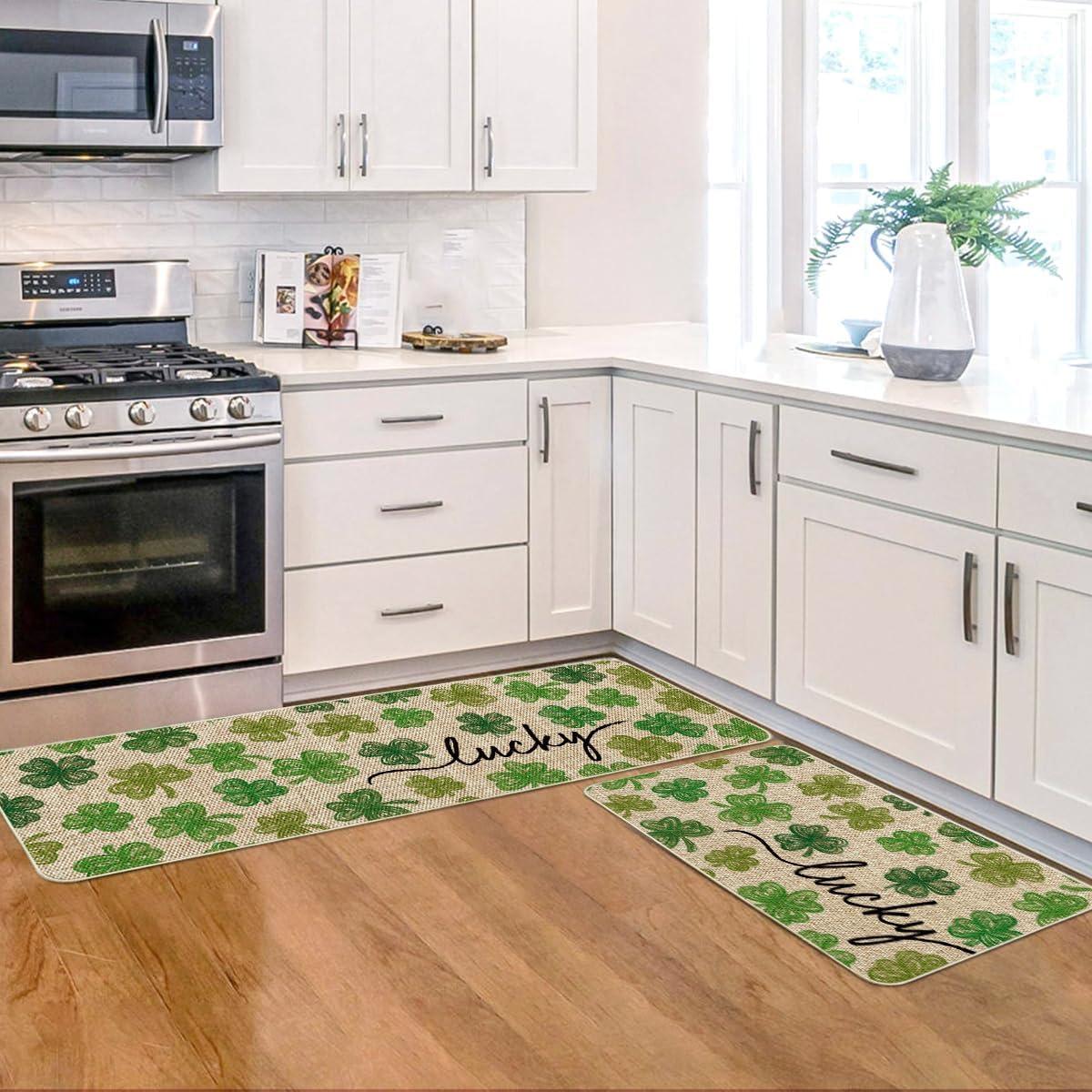 image:imageArtoid Mode Green Lucky Shamrocks Clover St Patricks Day Kitchen Mats Set of 2 Home Decor LowProfile Kitchen Rugs for Floor 17x29 and 17x47 InchBeige