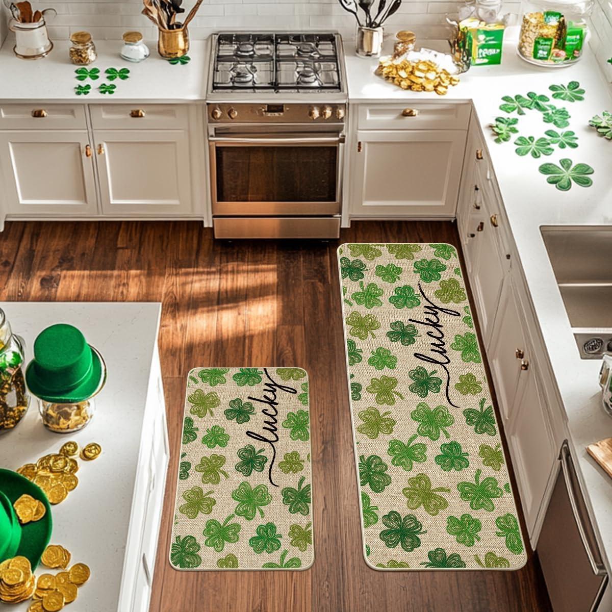 image:imageArtoid Mode Green Lucky Shamrocks Clover St Patricks Day Kitchen Mats Set of 2 Home Decor LowProfile Kitchen Rugs for Floor 17x29 and 17x47 InchBeige