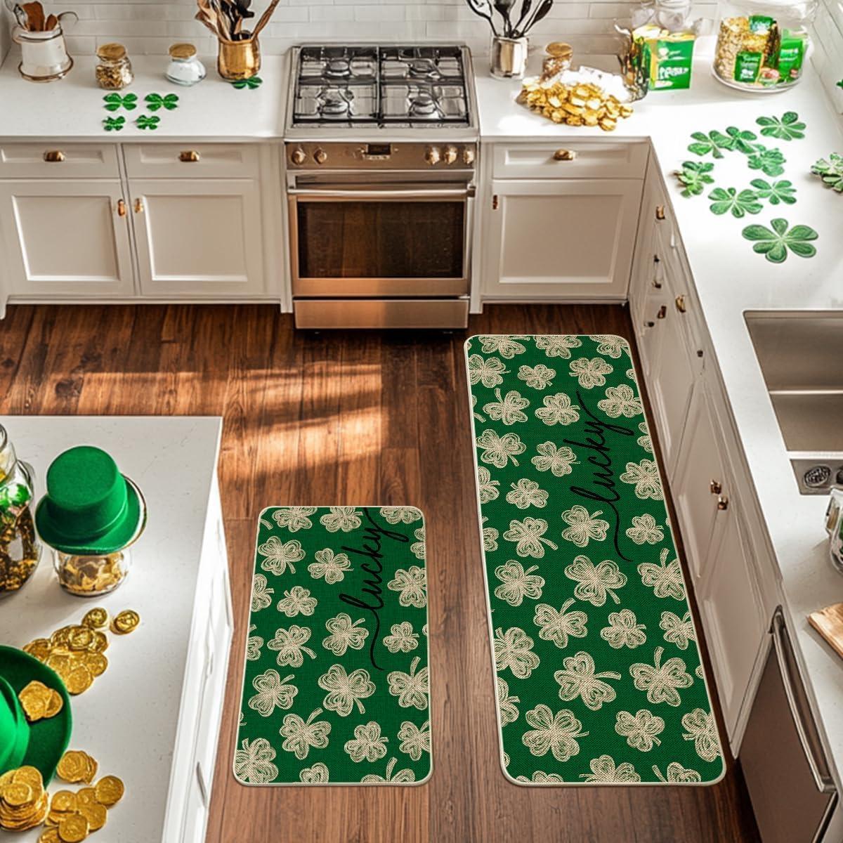 image:imageArtoid Mode Green Lucky Shamrocks Clover St Patricks Day Kitchen Mats Set of 2 Home Decor LowProfile Kitchen Rugs for Floor 17x29 and 17x47 InchGreen