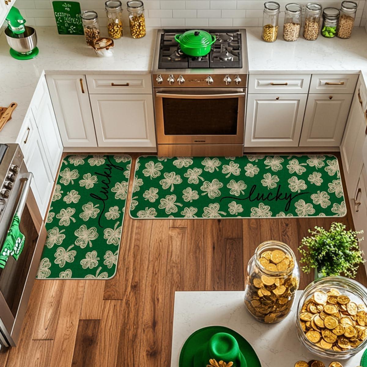 image:imageArtoid Mode Green Lucky Shamrocks Clover St Patricks Day Kitchen Mats Set of 2 Home Decor LowProfile Kitchen Rugs for Floor 17x29 and 17x47 InchGreen