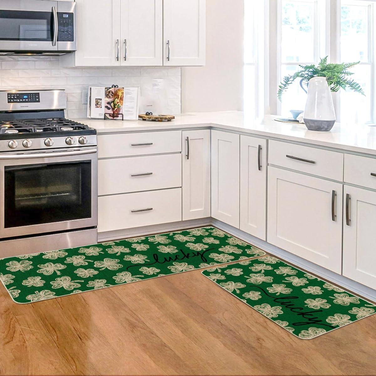 image:imageArtoid Mode Green Lucky Shamrocks Clover St Patricks Day Kitchen Mats Set of 2 Home Decor LowProfile Kitchen Rugs for Floor 17x29 and 17x47 InchGreen