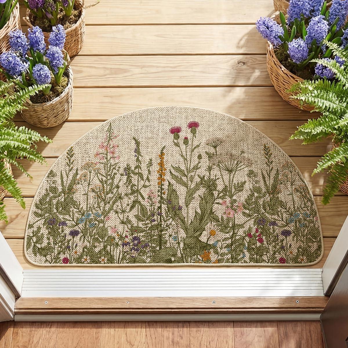 image:imageArtoid Mode Green Wildflower Spring Floral Summer Home Decor LowProfile Switch Rug Door Mat for Indoor Outdoor 17x29 InchBeigeGreen