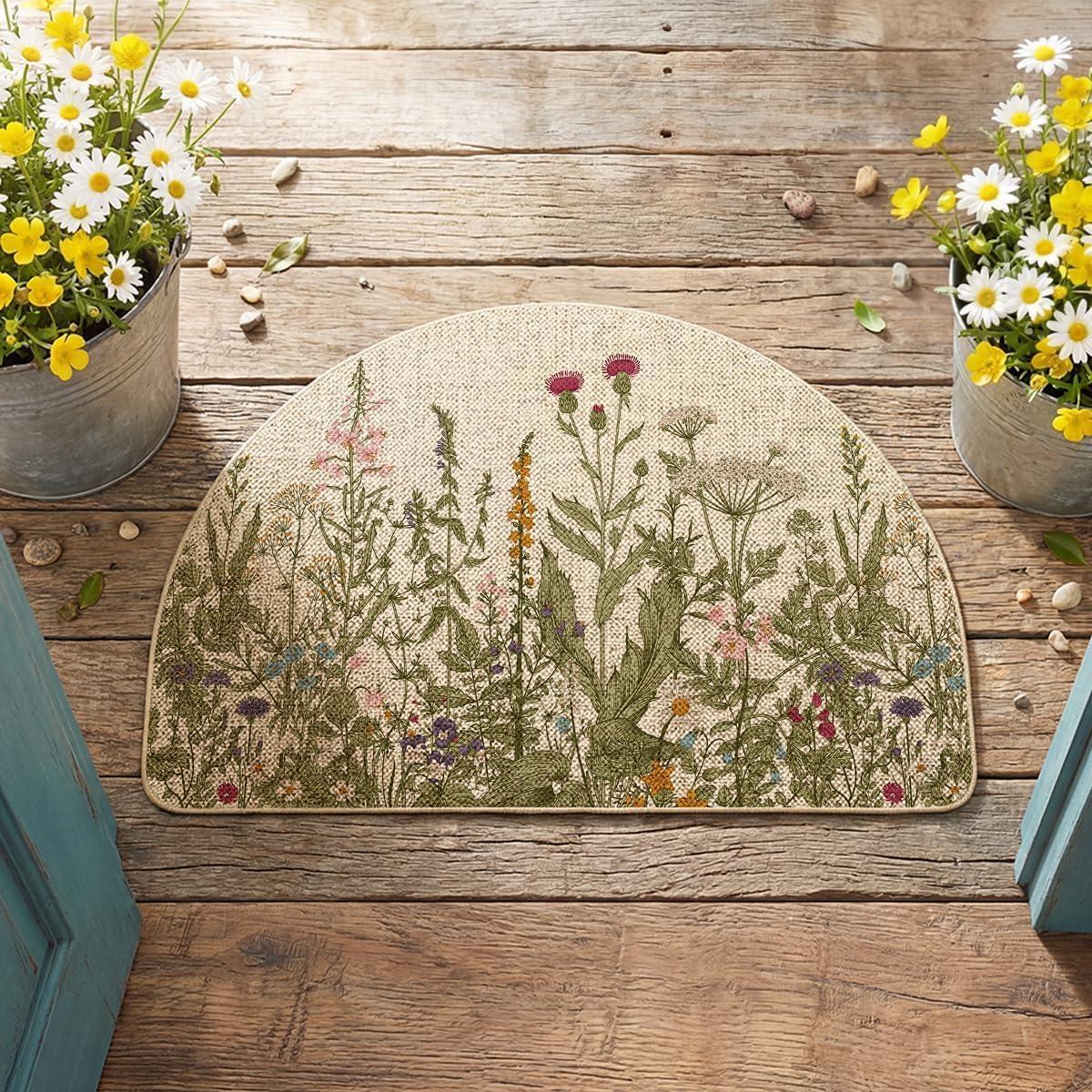 image:imageArtoid Mode Green Wildflower Spring Floral Summer Home Decor LowProfile Switch Rug Door Mat for Indoor Outdoor 17x29 InchBeigeGreen