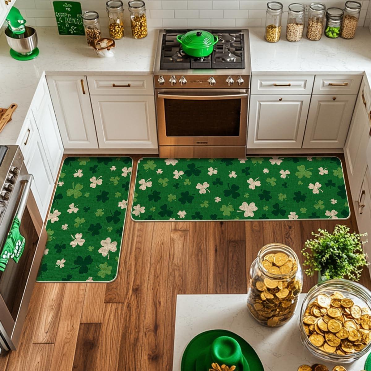 image:imageArtoid Mode Green Wood Shamrock St Patricks Day Kitchen Mats Set of 2 Home Decor LowProfile Kitchen Rugs for Floor 17x29 and 17x47 InchGreen