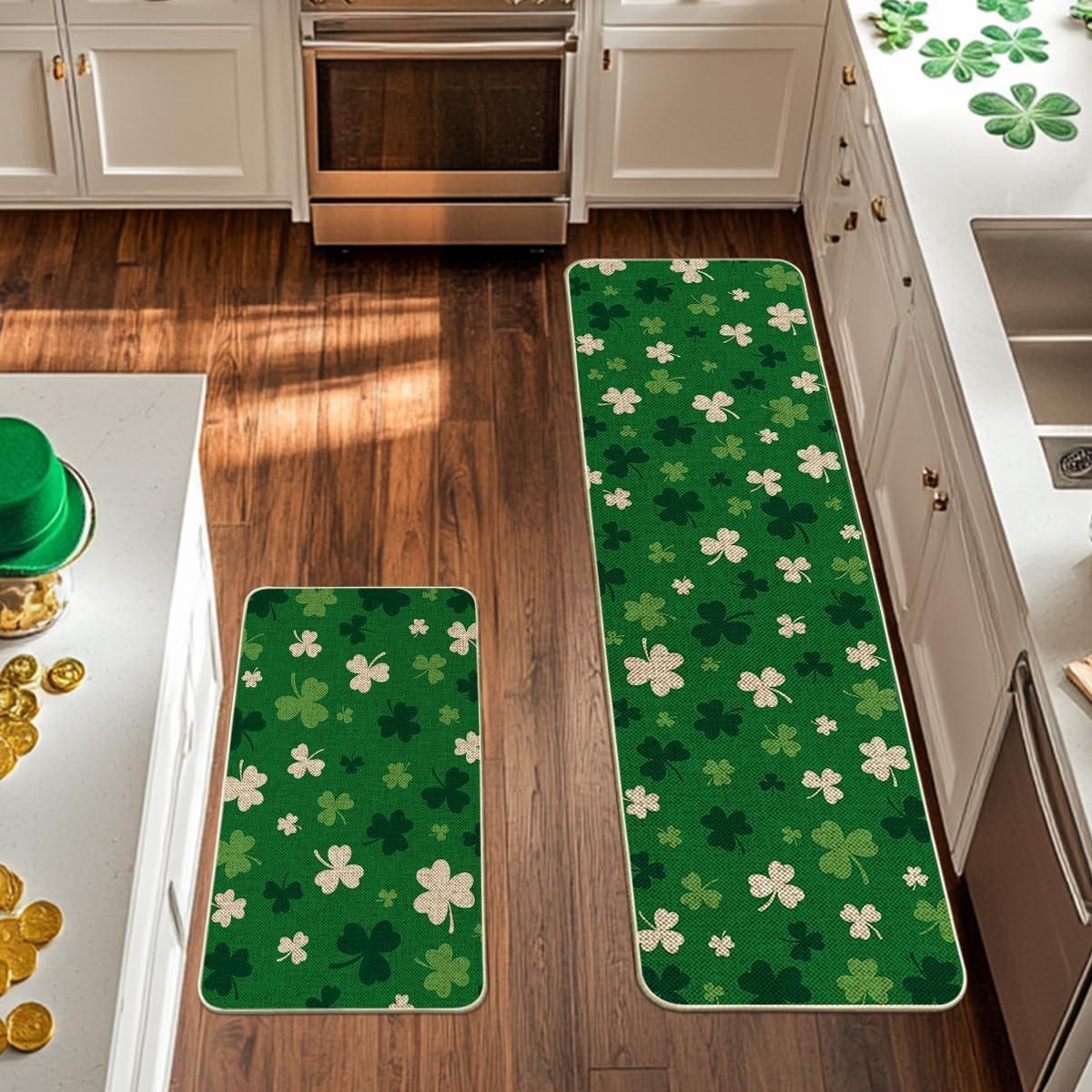 image:imageArtoid Mode Green Wood Shamrock St Patricks Day Kitchen Mats Set of 2 Home Decor LowProfile Kitchen Rugs for Floor 17x29 and 17x47 InchGreen