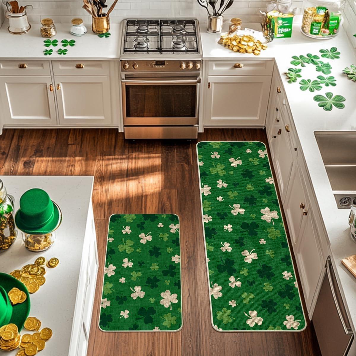 image:imageArtoid Mode Green Wood Shamrock St Patricks Day Kitchen Mats Set of 2 Home Decor LowProfile Kitchen Rugs for Floor 17x29 and 17x47 InchGreen