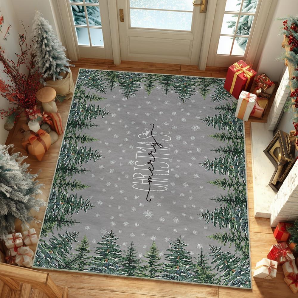 image:imageArtoid Mode Grey Pine Tree Merry Christmas Runner Rug Winter Home Decor LowProfile Washable Area Rug for Hallways Entryway Bedroom Bathroom Laundry Room Indoor 2x6 FeetGrey