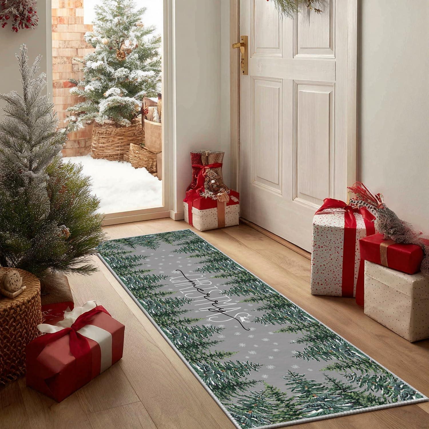 image:imageArtoid Mode Grey Pine Tree Merry Christmas Runner Rug Winter Home Decor LowProfile Washable Area Rug for Hallways Entryway Bedroom Bathroom Laundry Room Indoor 2x6 FeetGrey