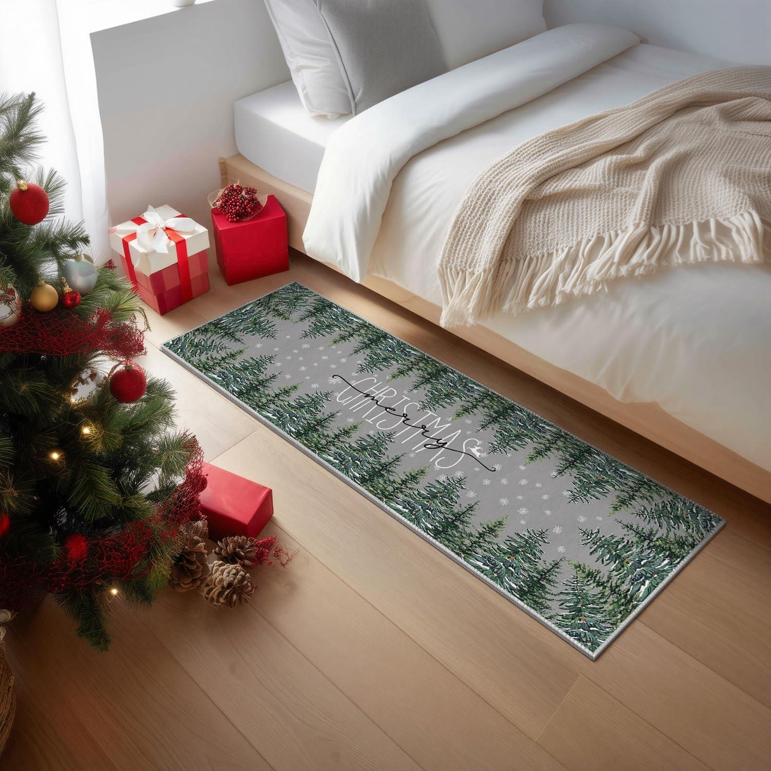 image:imageArtoid Mode Grey Pine Tree Merry Christmas Runner Rug Winter Home Decor LowProfile Washable Area Rug for Hallways Entryway Bedroom Bathroom Laundry Room Indoor 2x6 FeetGrey