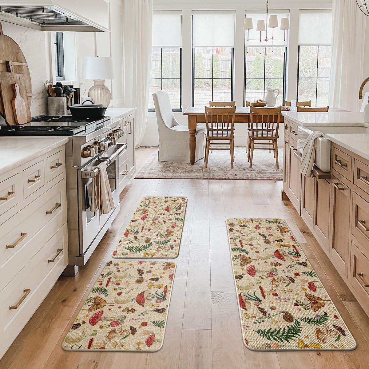 image:imageArtoid Mode Mushrooms Butterfly Spring Kitchen Mats Set of 2 Home Decor LowProfile Kitchen Rugs for Floor 17x29 and 17x47 InchBeige