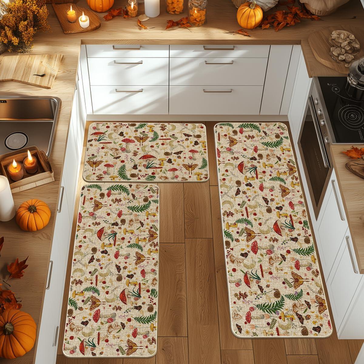 image:imageArtoid Mode Mushrooms Butterfly Spring Kitchen Mats Set of 2 Home Decor LowProfile Kitchen Rugs for Floor 17x29 and 17x47 InchBeige
