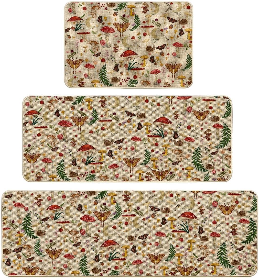 image:imageArtoid Mode Mushrooms Butterfly Spring Kitchen Mats Set of 2 Home Decor LowProfile Kitchen Rugs for Floor 17x29 and 17x47 InchBeige
