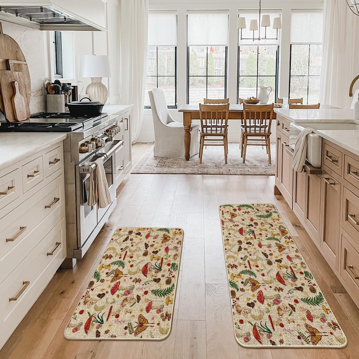 image:imageArtoid Mode Mushrooms Butterfly Spring Kitchen Mats Set of 2 Home Decor LowProfile Kitchen Rugs for Floor 17x29 and 17x47 InchBeige