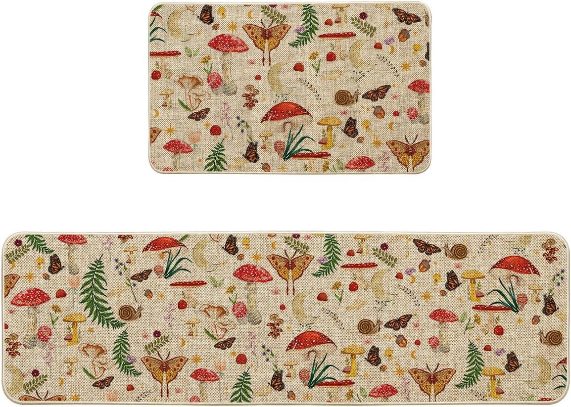 image:imageArtoid Mode Mushrooms Butterfly Spring Kitchen Mats Set of 2 Home Decor LowProfile Kitchen Rugs for Floor 17x29 and 17x47 InchBeige