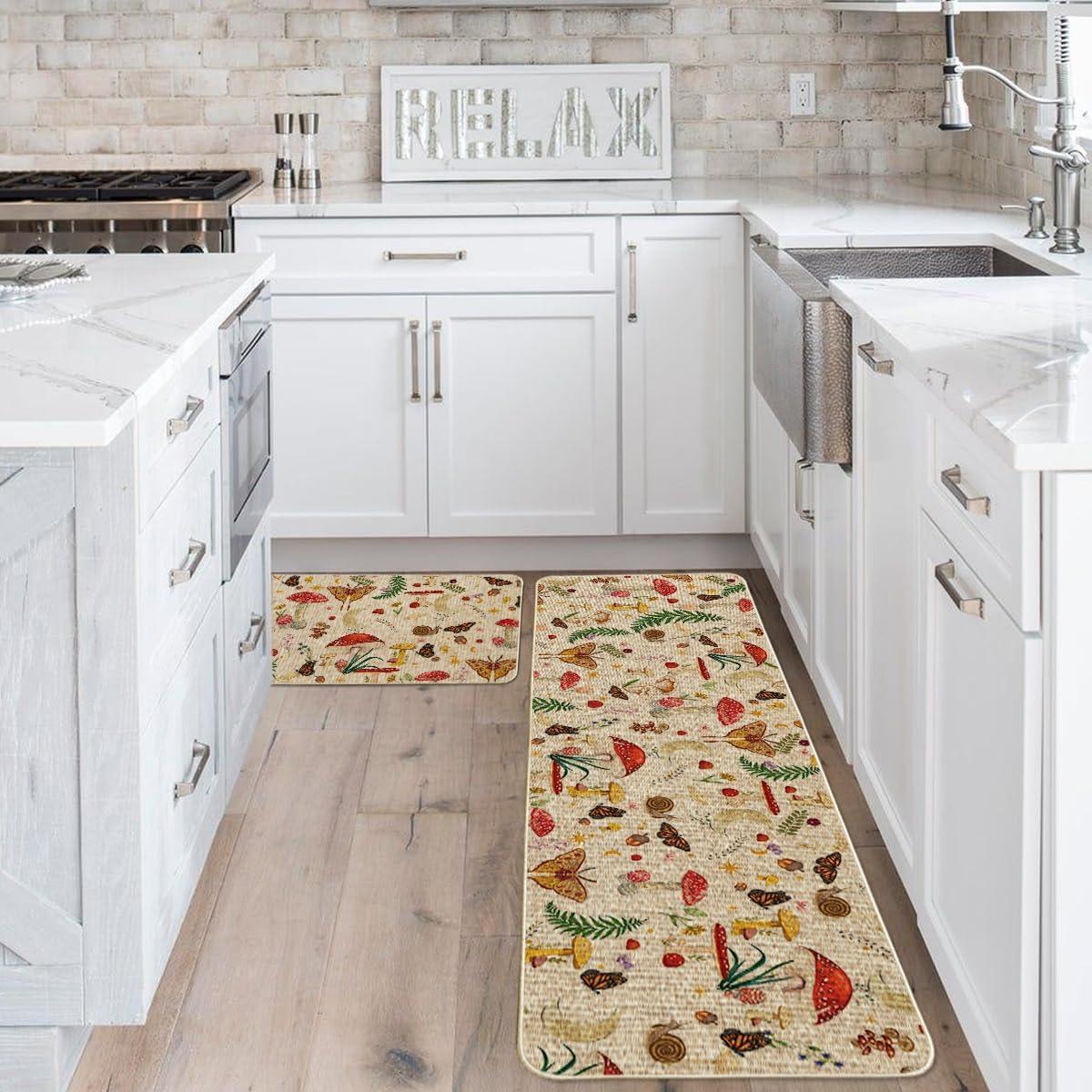 image:imageArtoid Mode Mushrooms Butterfly Spring Kitchen Mats Set of 2 Home Decor LowProfile Kitchen Rugs for Floor 17x29 and 17x47 InchBeige