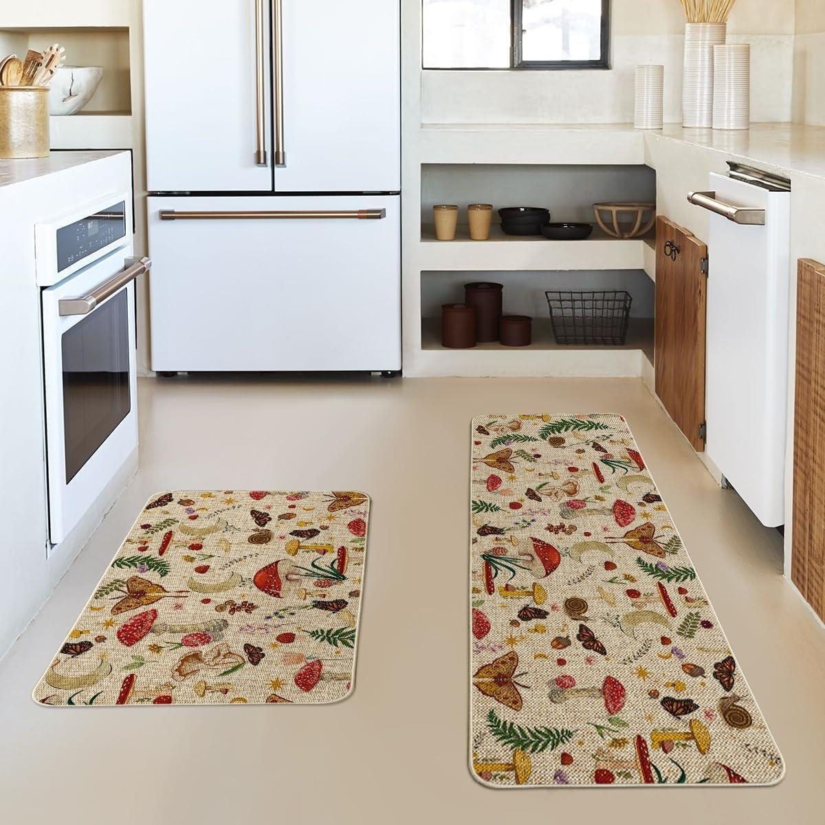 image:imageArtoid Mode Mushrooms Butterfly Spring Kitchen Mats Set of 2 Home Decor LowProfile Kitchen Rugs for Floor 17x29 and 17x47 InchBeige
