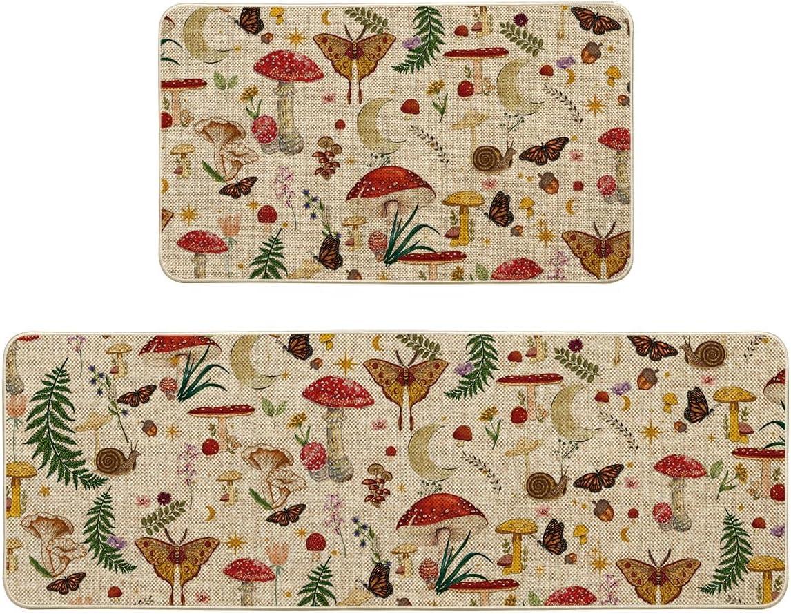 image:imageArtoid Mode Mushrooms Butterfly Spring Kitchen Mats Set of 2 Home Decor LowProfile Kitchen Rugs for Floor 17x29 and 17x47 InchBeige