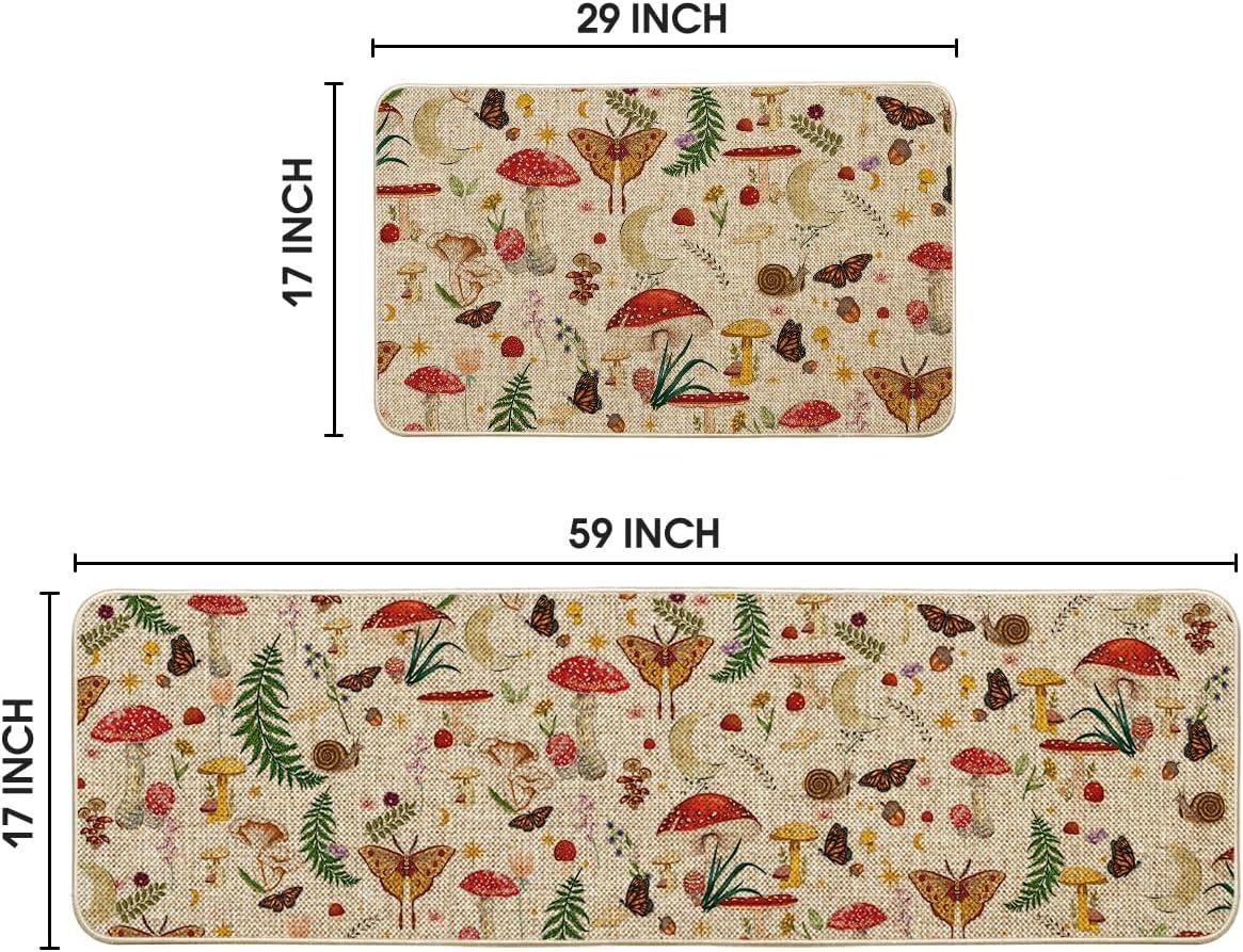 image:imageArtoid Mode Mushrooms Butterfly Spring Kitchen Mats Set of 2 Home Decor LowProfile Kitchen Rugs for Floor 17x29 and 17x47 InchBeige