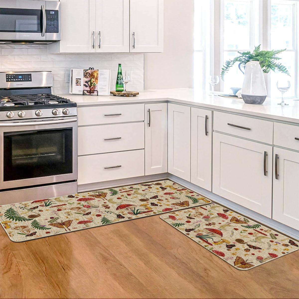 image:imageArtoid Mode Mushrooms Butterfly Spring Kitchen Mats Set of 2 Home Decor LowProfile Kitchen Rugs for Floor 17x29 and 17x47 InchBeige