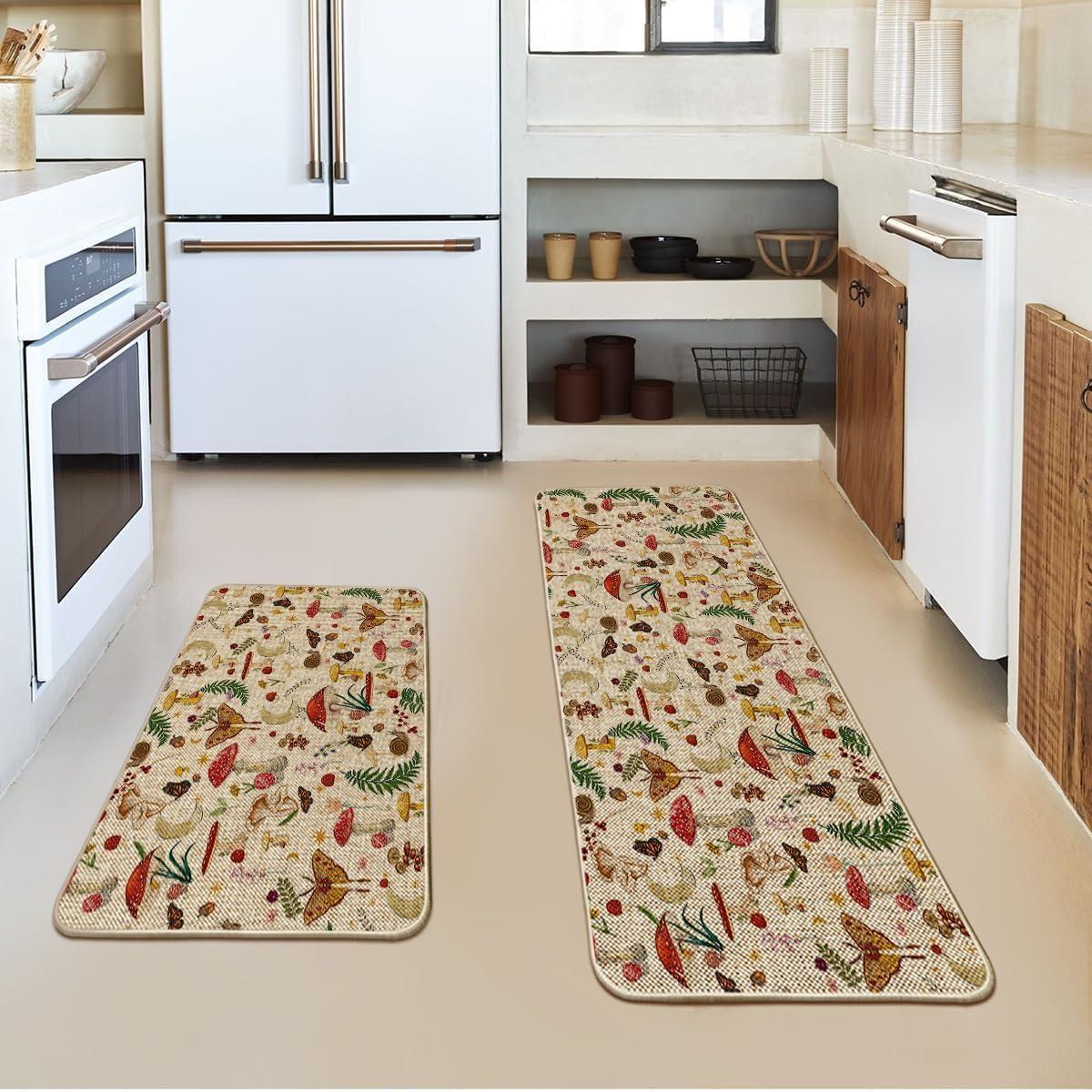 image:imageArtoid Mode Mushrooms Butterfly Spring Kitchen Mats Set of 2 Home Decor LowProfile Kitchen Rugs for Floor 17x29 and 17x47 InchBeige